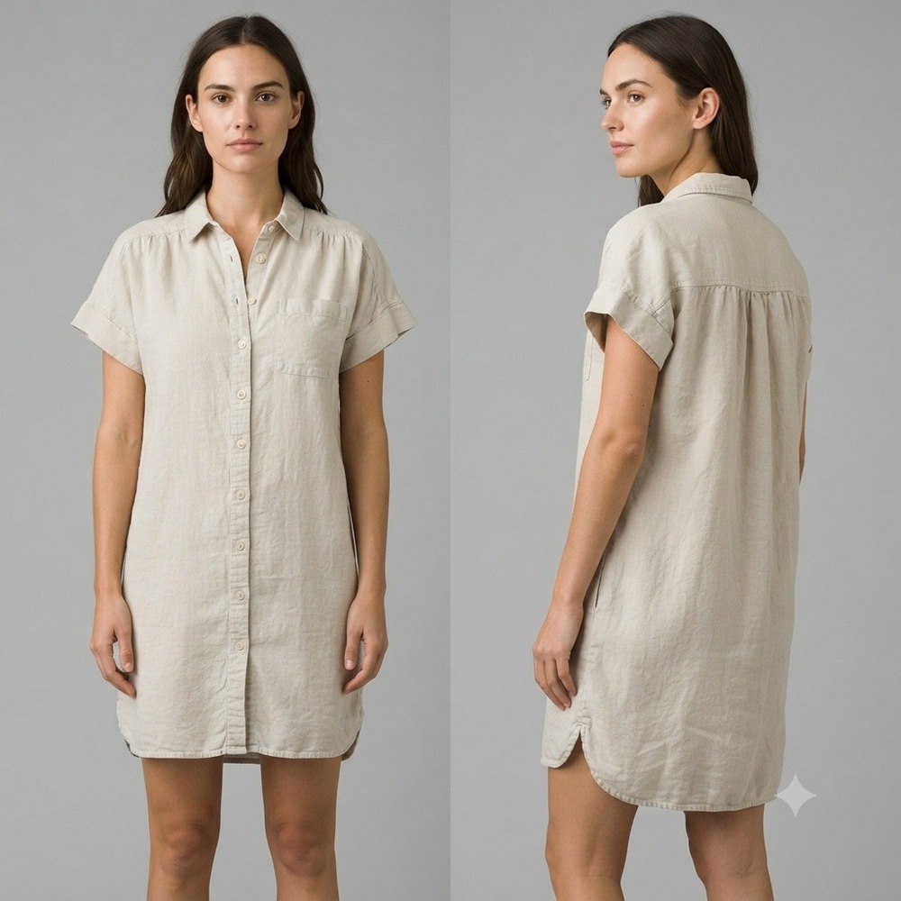 Well Worn Dress Small Linen Womens Short Sleeve Button Down Shirt Beige Blend